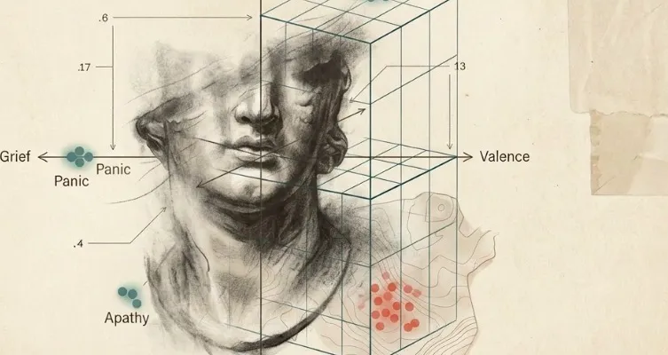 A classical bust overlaid with an arousal-valence affect-space diagram, emotions plotted as scattered points across grief, panic, ecstasy, and apathy.