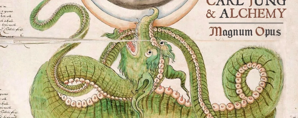 An open alchemical codex, dense with symbolic diagrams, under low amber light.