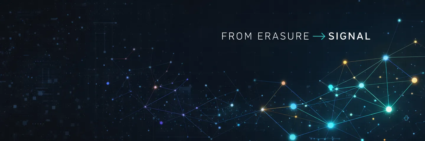 Abstract image of erasure transforming into signal, with fragmented text resolving into a clean waveform.
