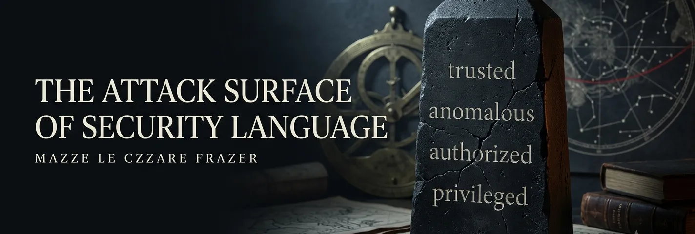 A cracked black stele on a desk of astrolabes, star charts, and old books, engraved with the words trusted, anomalous, authorized, and privileged.