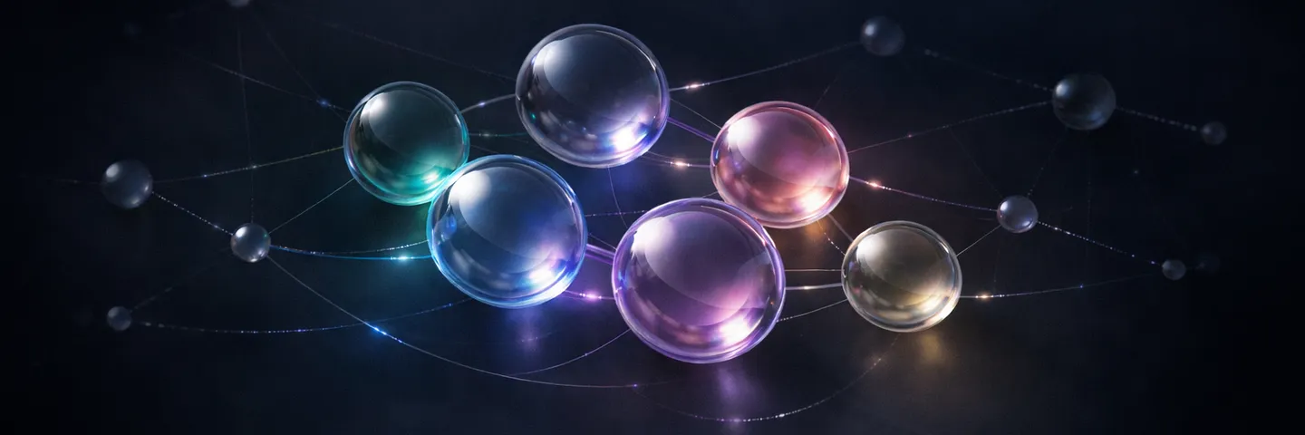 A dark web of luminous nodes connected by glowing threads, evoking a neural or circuit lattice.