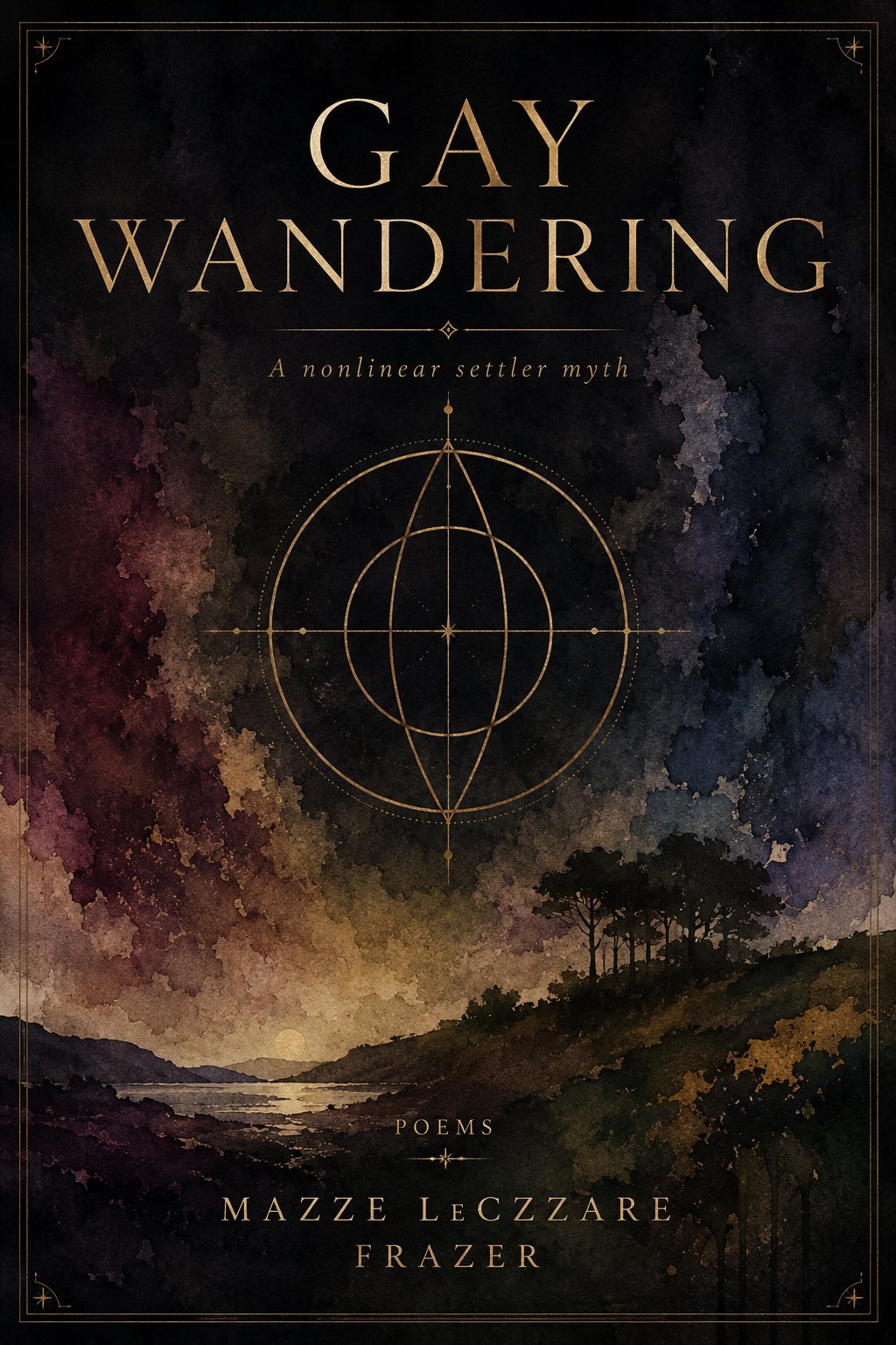Cover of Gay Wandering: a bruised watercolor landscape under a gold compass rose, the shoreline falling away into a lit valley